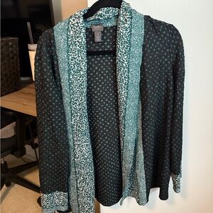 Chicos Travelers Collection Size 1 / M Open Front Black & Teal Patterned Blouse